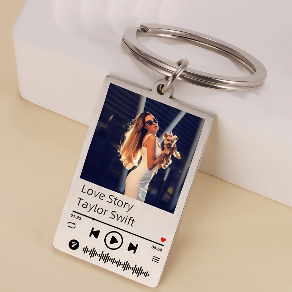 Jeshayuan Custom Picture Keychain Customized Music Song Key Ring Stainless Steel Personalized Photo Keychains Gifts for Lover