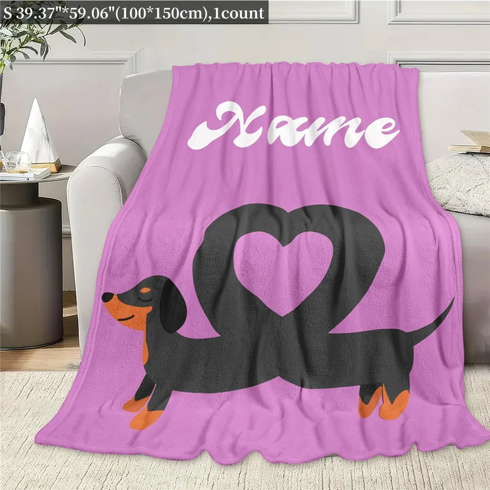 Custom name sausage heart dog flannel blanket, suitable for sofa, bed, birthdays, children, friends, gifts
