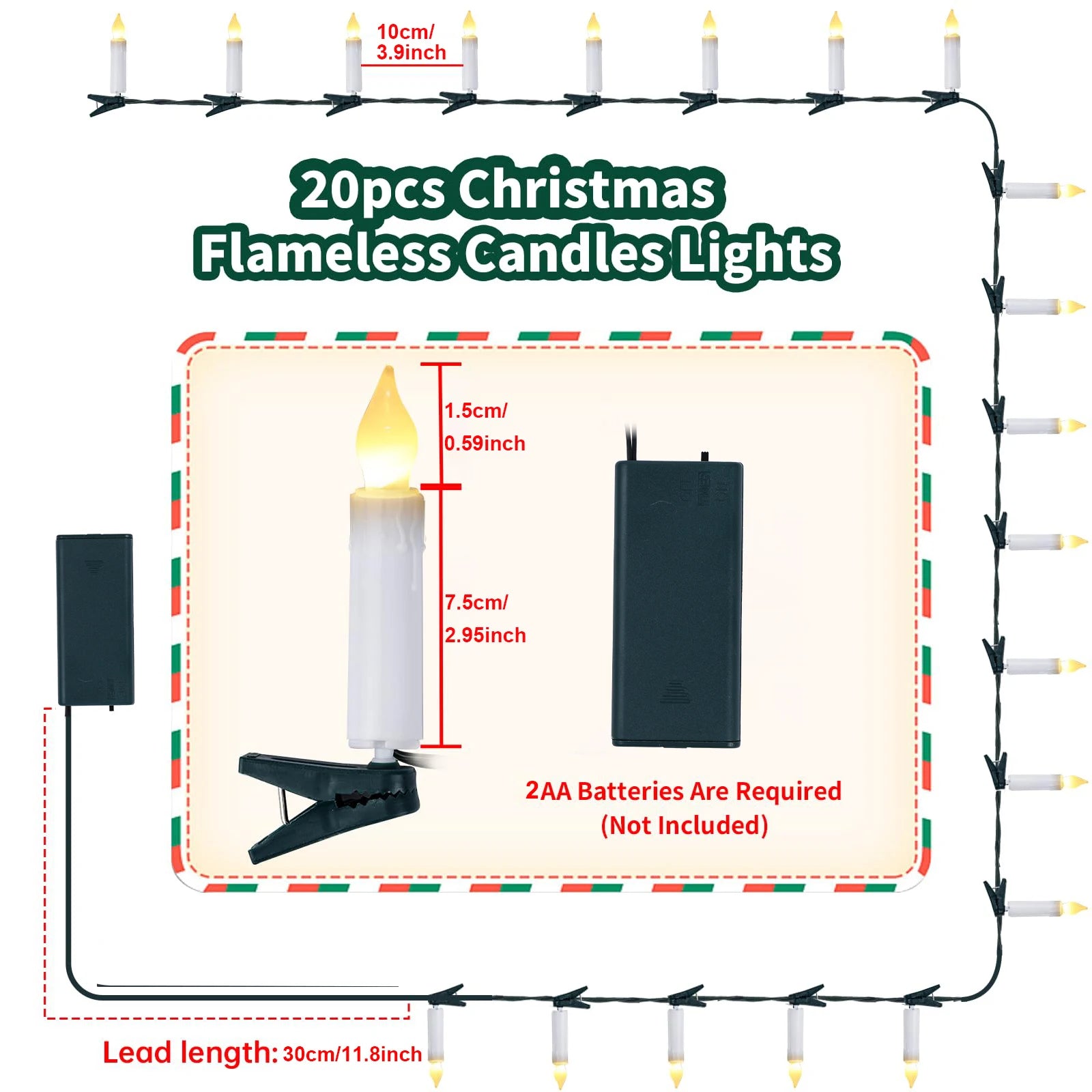 Christmas LED Candle String Light with Clips 8 Mode Remote Control Flameless Battery Operated Candle Light for Xmas Party Decor