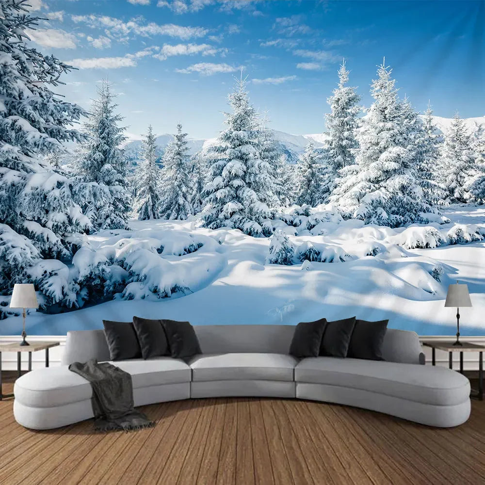 Christmas Gifts Tapestry Xmas Tree Outside Window Winter Forest Cedar Nature Landscape Wall Hanging Home Living Room Sofa Decor