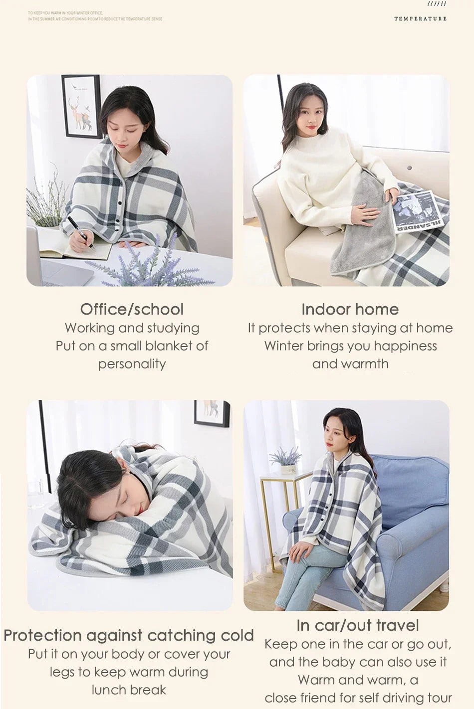 Thick Plaid Blanket Warm Winter Wearable Blanket Adults Office Travel Soft Fleece Throw Blankets With Button Home Shawl