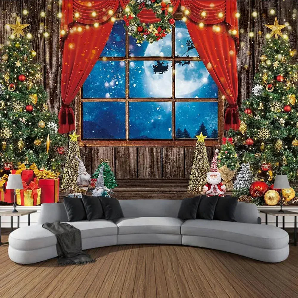 Christmas Gifts Tapestry Xmas Tree Outside Window Winter Forest Cedar Nature Landscape Wall Hanging Home Living Room Sofa Decor