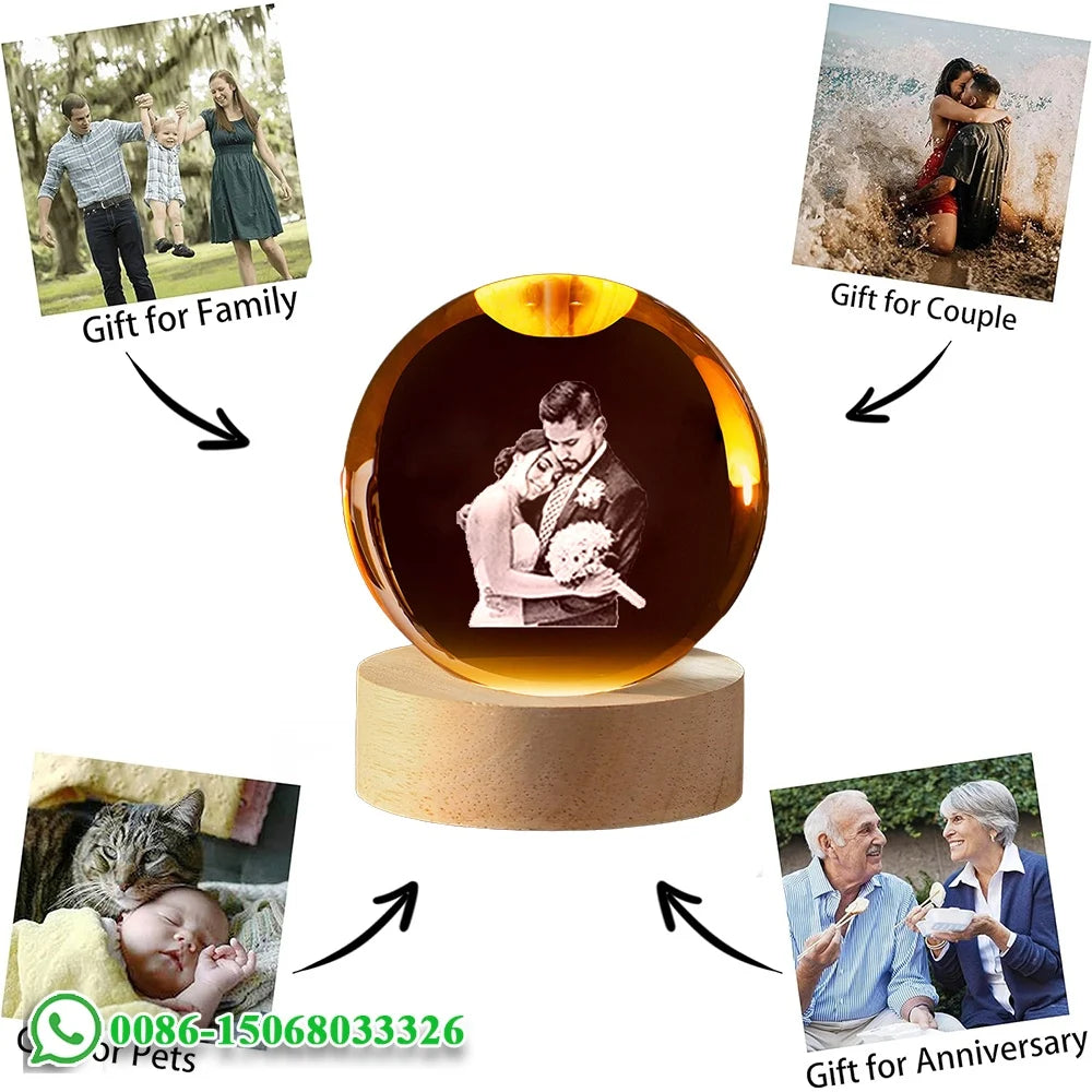 Custom Crystal Ball Photo LED Night Light Bedroom Office Decoration Gift Wedding Couple's Parents Pet Photos Souvenir Gifts