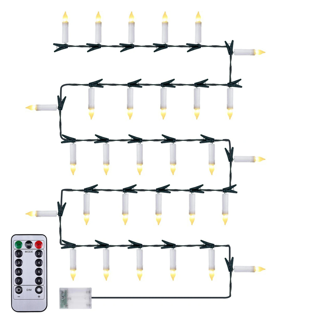 Christmas LED Candle String Light with Clips 8 Mode Remote Control Flameless Battery Operated Candle Light for Xmas Party Decor