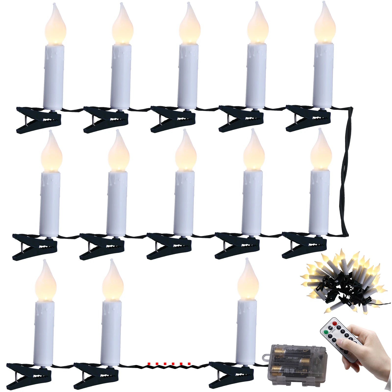 Christmas LED Candle String Light with Clips 8 Mode Remote Control Flameless Battery Operated Candle Light for Xmas Party Decor