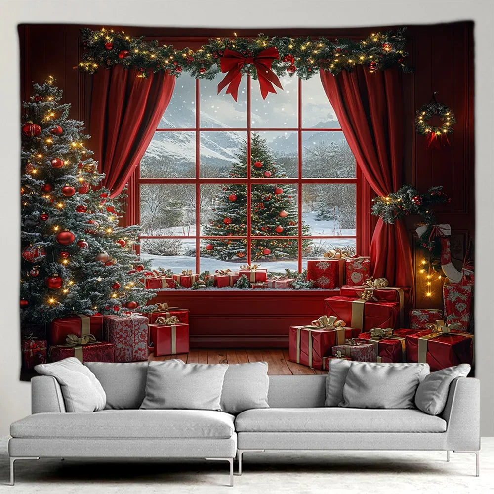 Christmas Gifts Tapestry Xmas Tree Outside Window Winter Forest Cedar Nature Landscape Wall Hanging Home Living Room Sofa Decor