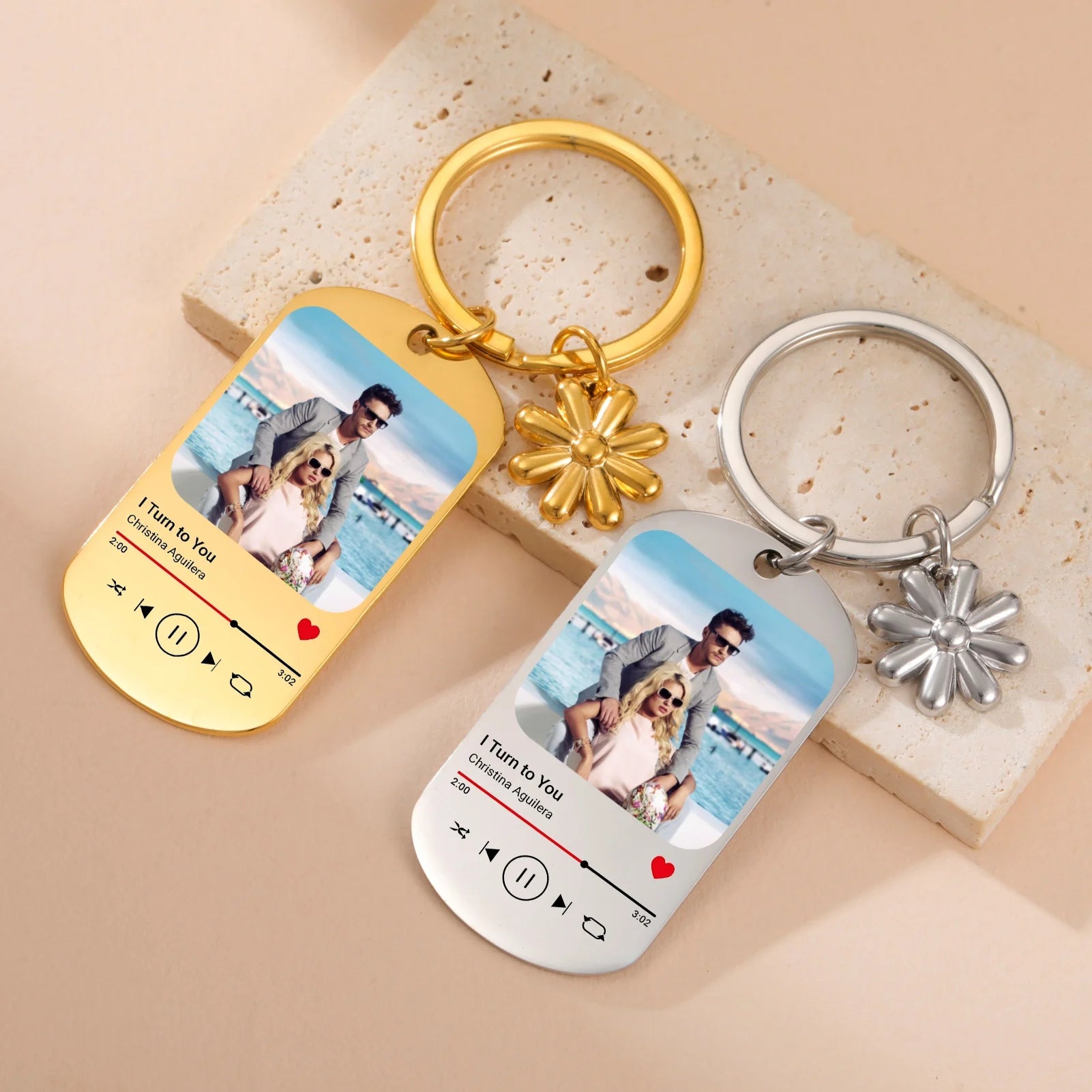 Jeshayuan Custom Picture Keychain Customized Music Song Key Ring Stainless Steel Personalized Photo Keychains Gifts for Lover