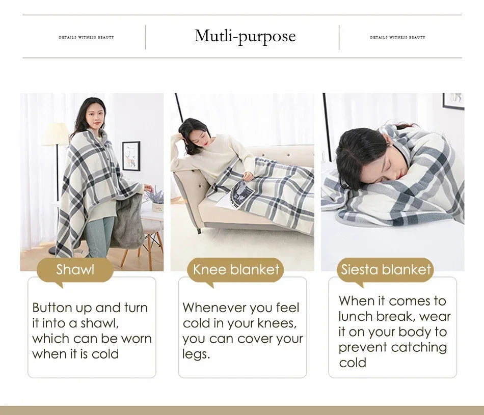 Thick Plaid Blanket Warm Winter Wearable Blanket Adults Office Travel Soft Fleece Throw Blankets With Button Home Shawl