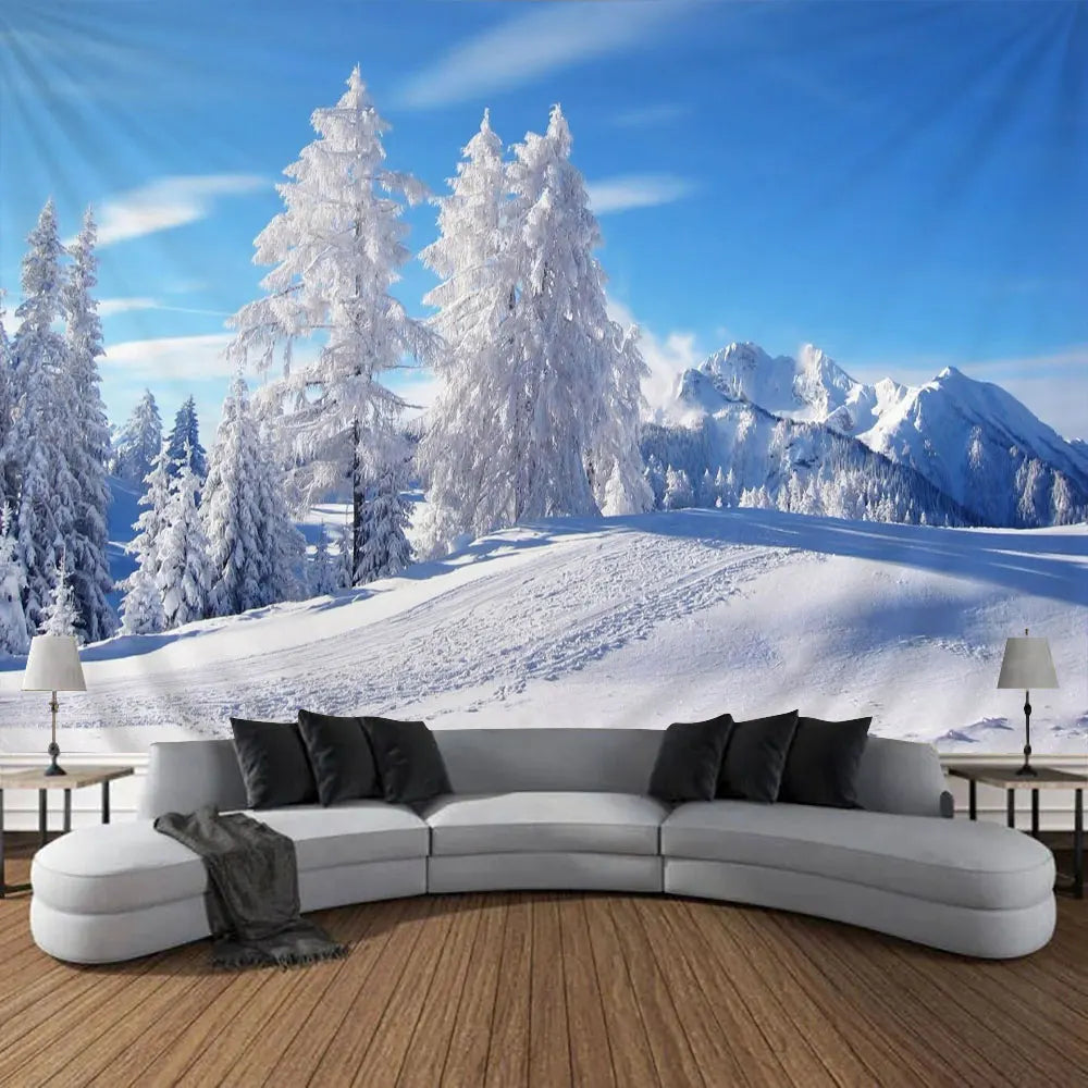 Christmas Gifts Tapestry Xmas Tree Outside Window Winter Forest Cedar Nature Landscape Wall Hanging Home Living Room Sofa Decor