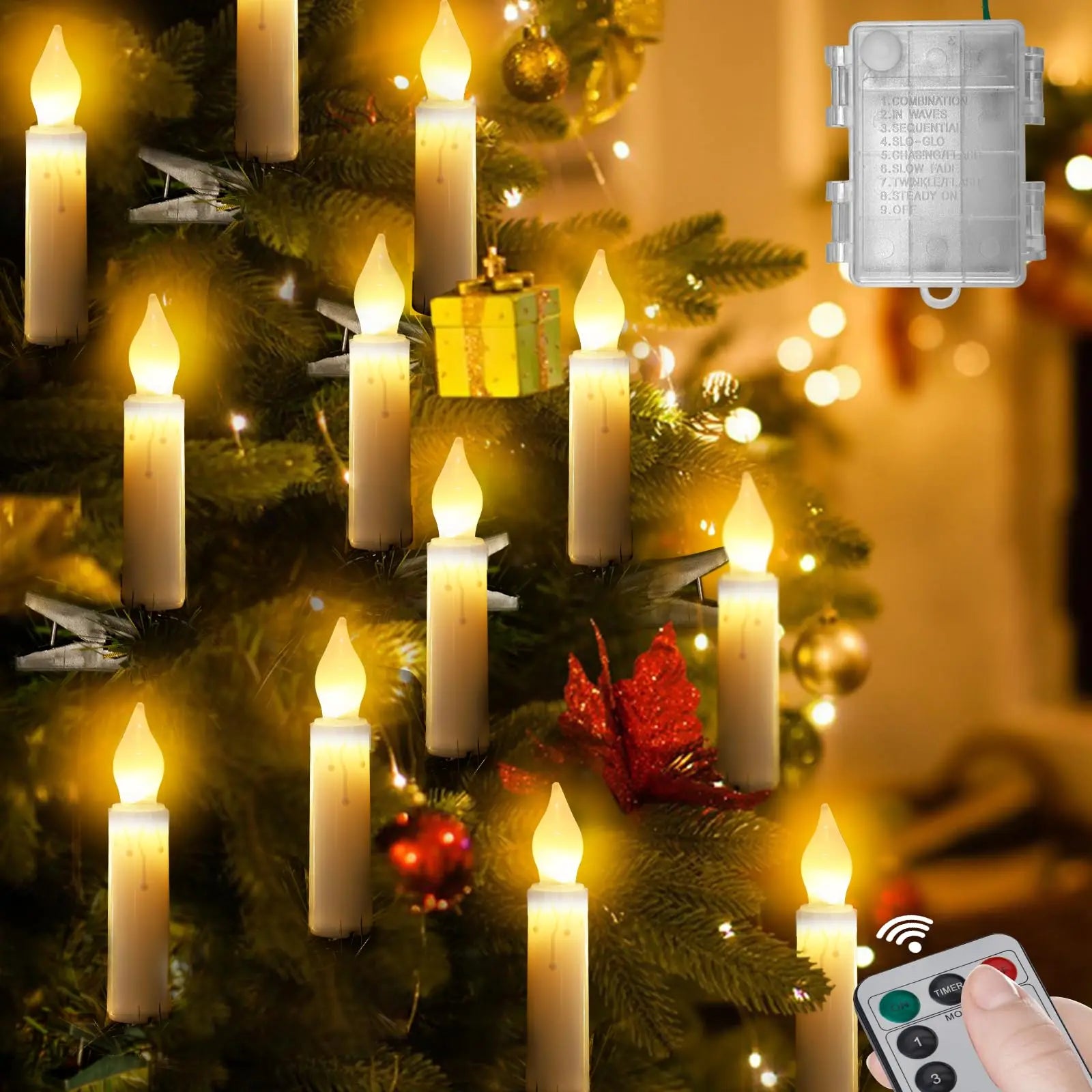 Christmas LED Candle String Light with Clips 8 Mode Remote Control Flameless Battery Operated Candle Light for Xmas Party Decor