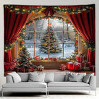 Christmas Gifts Tapestry Xmas Tree Outside Window Winter Forest Cedar Nature Landscape Wall Hanging Home Living Room Sofa Decor