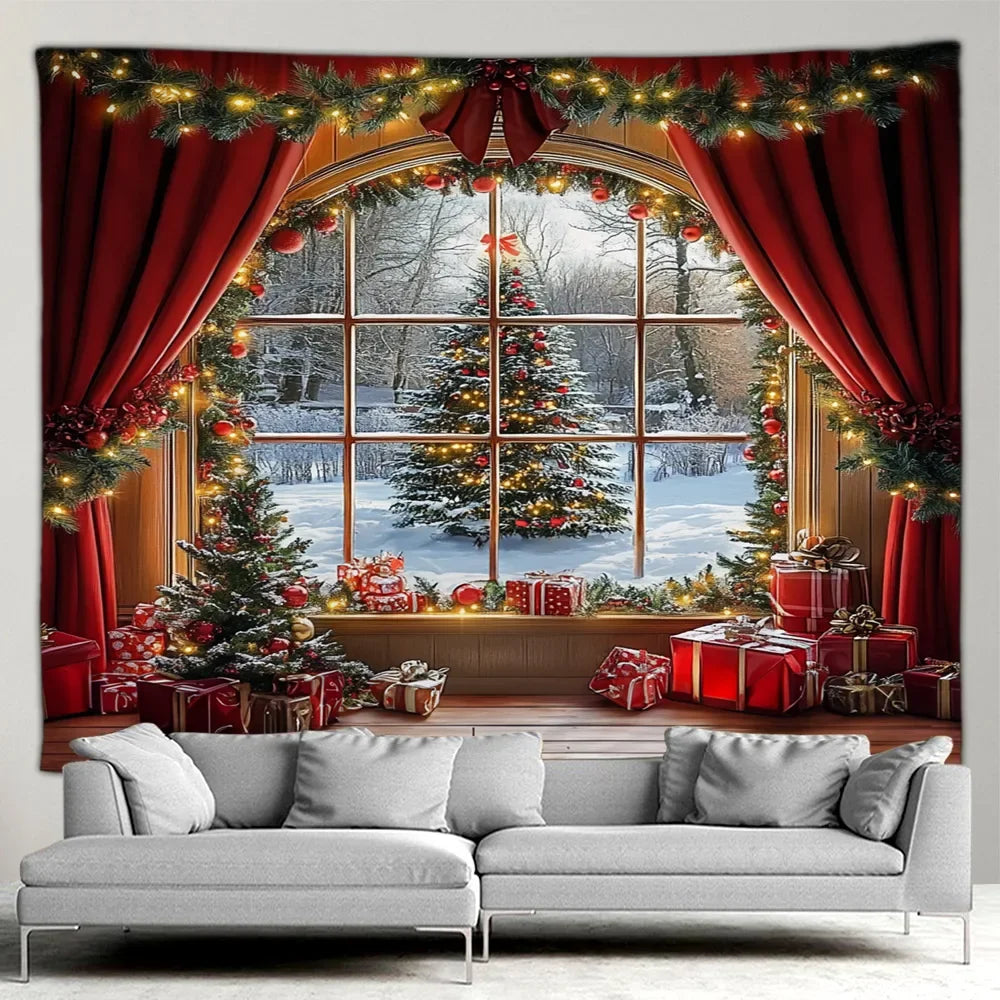 Christmas Gifts Tapestry Xmas Tree Outside Window Winter Forest Cedar Nature Landscape Wall Hanging Home Living Room Sofa Decor