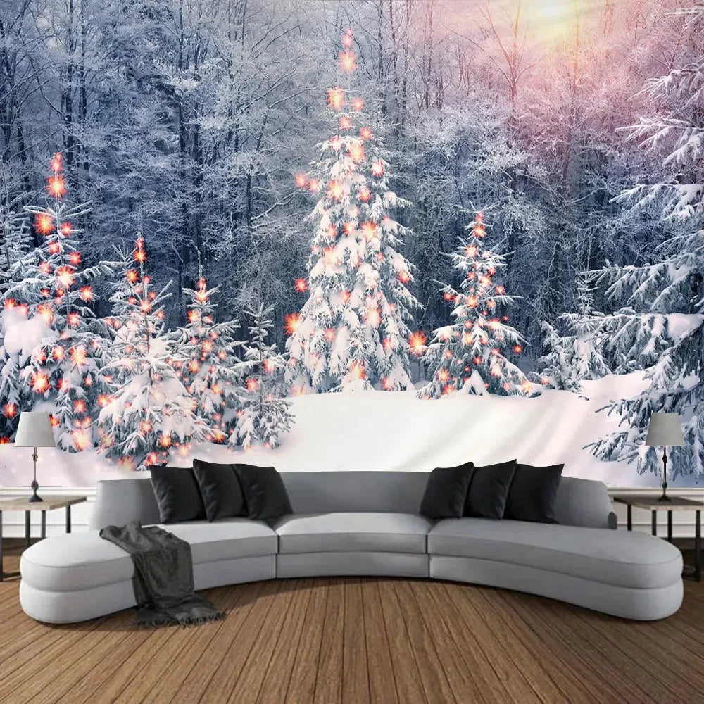 Christmas Gifts Tapestry Xmas Tree Outside Window Winter Forest Cedar Nature Landscape Wall Hanging Home Living Room Sofa Decor