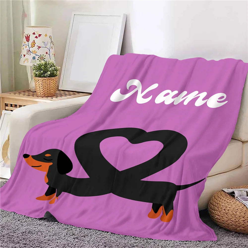Custom name sausage heart dog flannel blanket, suitable for sofa, bed, birthdays, children, friends, gifts