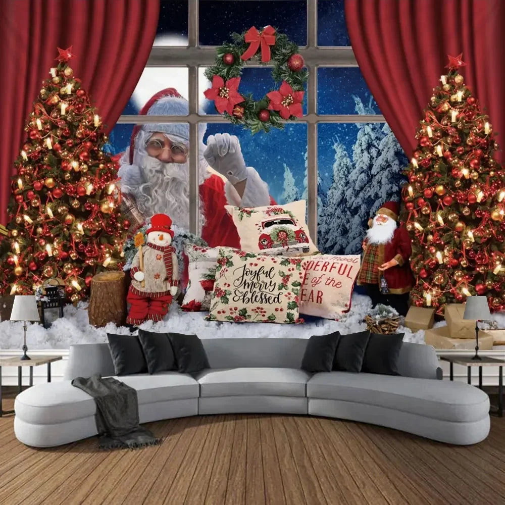 Christmas Gifts Tapestry Xmas Tree Outside Window Winter Forest Cedar Nature Landscape Wall Hanging Home Living Room Sofa Decor