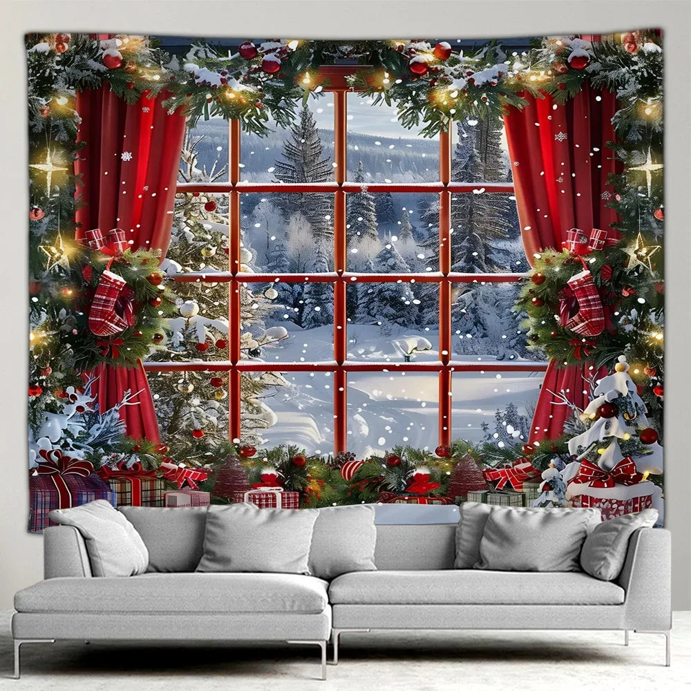 Christmas Gifts Tapestry Xmas Tree Outside Window Winter Forest Cedar Nature Landscape Wall Hanging Home Living Room Sofa Decor