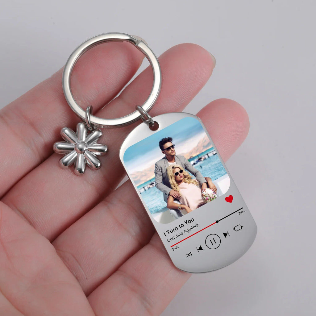 Jeshayuan Custom Picture Keychain Customized Music Song Key Ring Stainless Steel Personalized Photo Keychains Gifts for Lover
