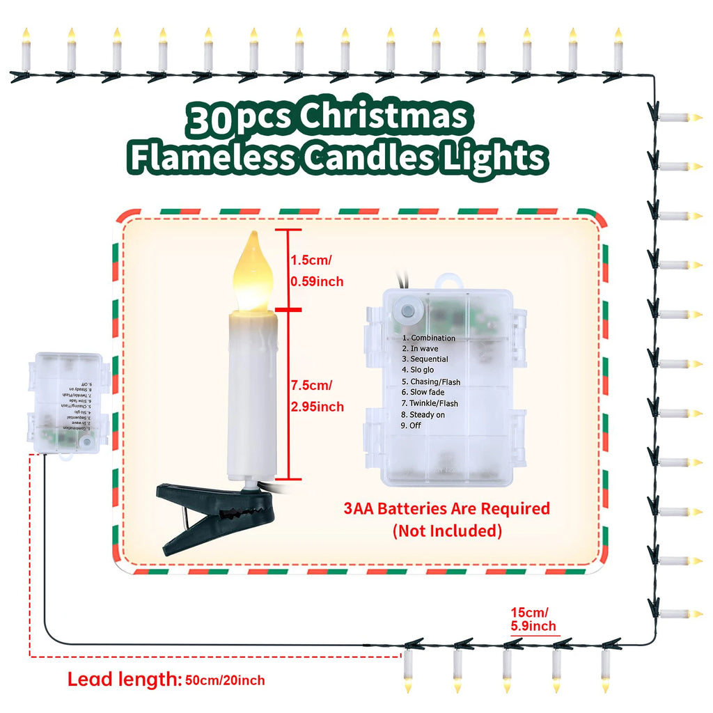 Christmas LED Candle String Light with Clips 8 Mode Remote Control Flameless Battery Operated Candle Light for Xmas Party Decor