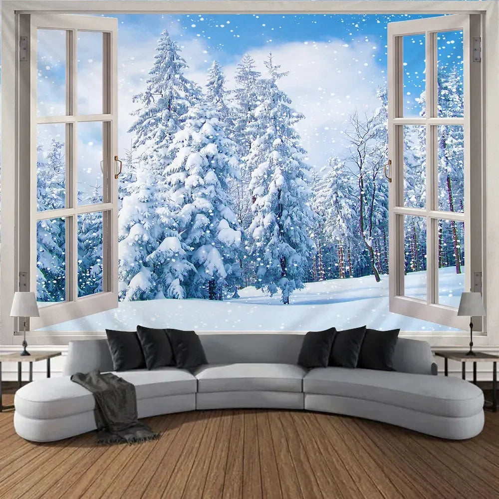 Christmas Gifts Tapestry Xmas Tree Outside Window Winter Forest Cedar Nature Landscape Wall Hanging Home Living Room Sofa Decor