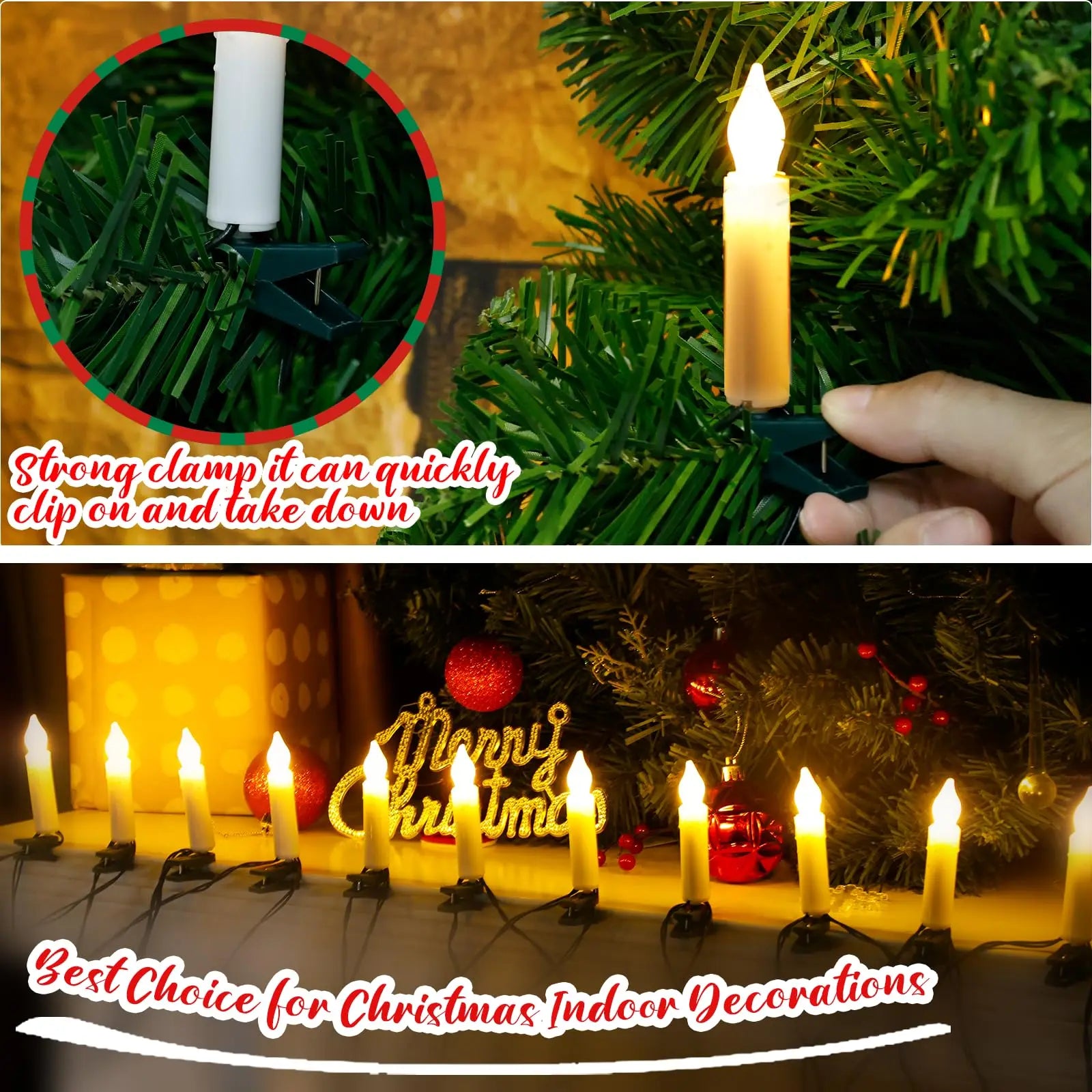 Christmas LED Candle String Light with Clips 8 Mode Remote Control Flameless Battery Operated Candle Light for Xmas Party Decor