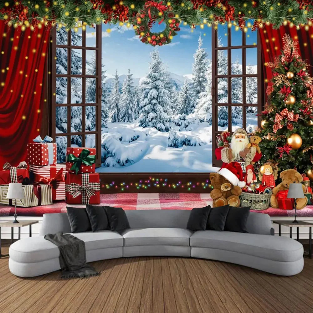 Christmas Gifts Tapestry Xmas Tree Outside Window Winter Forest Cedar Nature Landscape Wall Hanging Home Living Room Sofa Decor