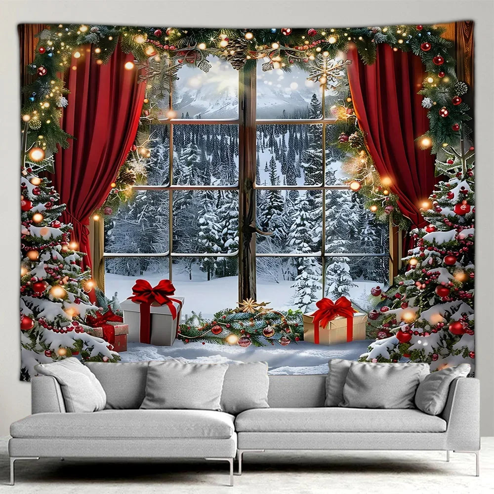 Christmas Gifts Tapestry Xmas Tree Outside Window Winter Forest Cedar Nature Landscape Wall Hanging Home Living Room Sofa Decor