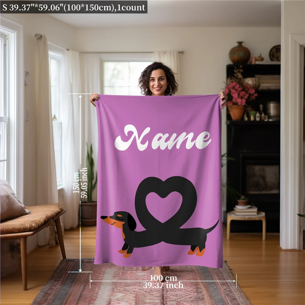 Custom name sausage heart dog flannel blanket, suitable for sofa, bed, birthdays, children, friends, gifts