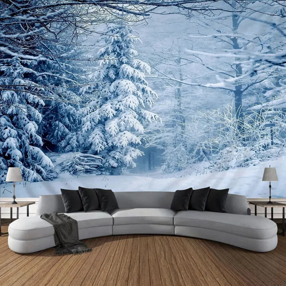 Christmas Gifts Tapestry Xmas Tree Outside Window Winter Forest Cedar Nature Landscape Wall Hanging Home Living Room Sofa Decor