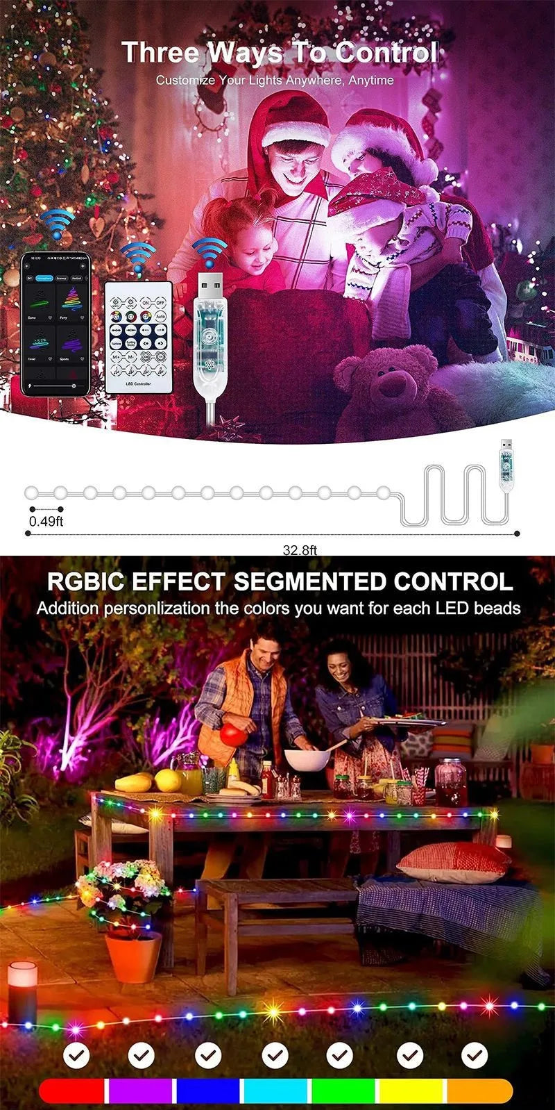 5M/10M/15M/20M RGBIC USB Sting Light Bluetooth APP DIY LED Fairy Lights Garland Decoration for Christmas Wedding Birthday Party