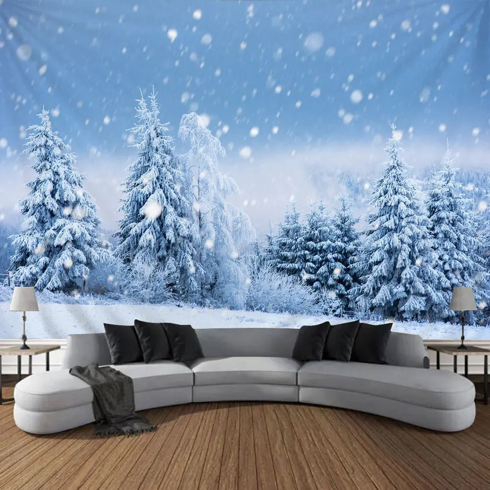 Christmas Gifts Tapestry Xmas Tree Outside Window Winter Forest Cedar Nature Landscape Wall Hanging Home Living Room Sofa Decor