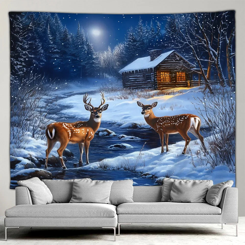 Christmas Gifts Tapestry Xmas Tree Outside Window Winter Forest Cedar Nature Landscape Wall Hanging Home Living Room Sofa Decor