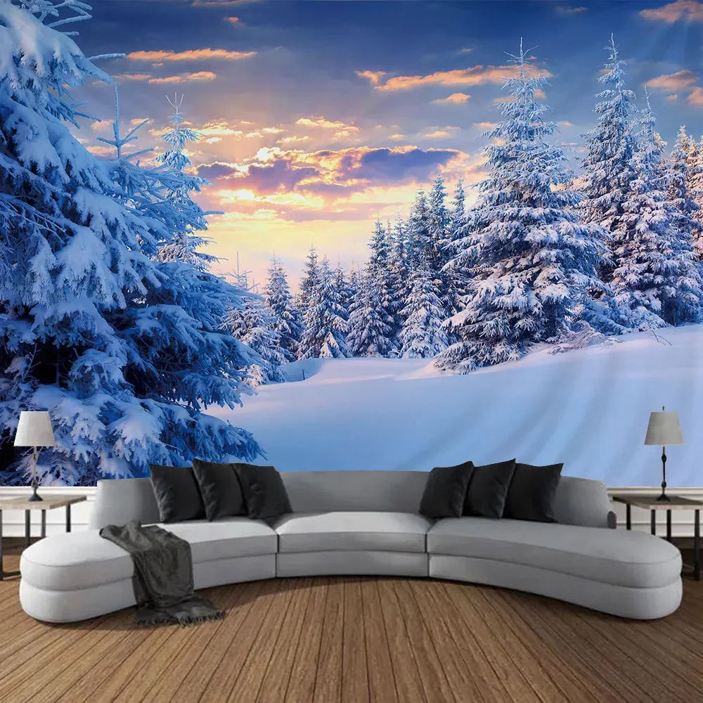 Christmas Gifts Tapestry Xmas Tree Outside Window Winter Forest Cedar Nature Landscape Wall Hanging Home Living Room Sofa Decor