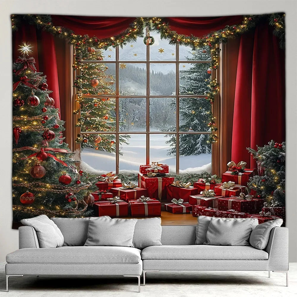 Christmas Gifts Tapestry Xmas Tree Outside Window Winter Forest Cedar Nature Landscape Wall Hanging Home Living Room Sofa Decor