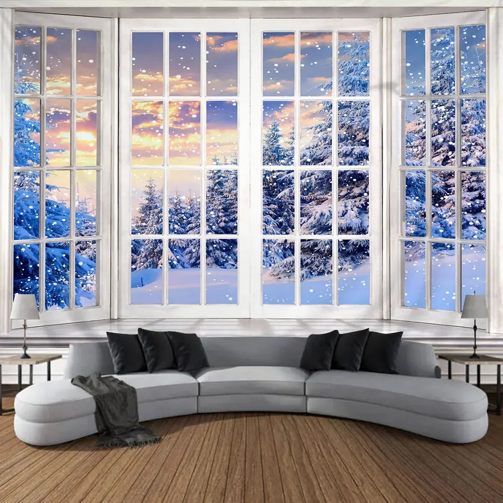 Christmas Gifts Tapestry Xmas Tree Outside Window Winter Forest Cedar Nature Landscape Wall Hanging Home Living Room Sofa Decor