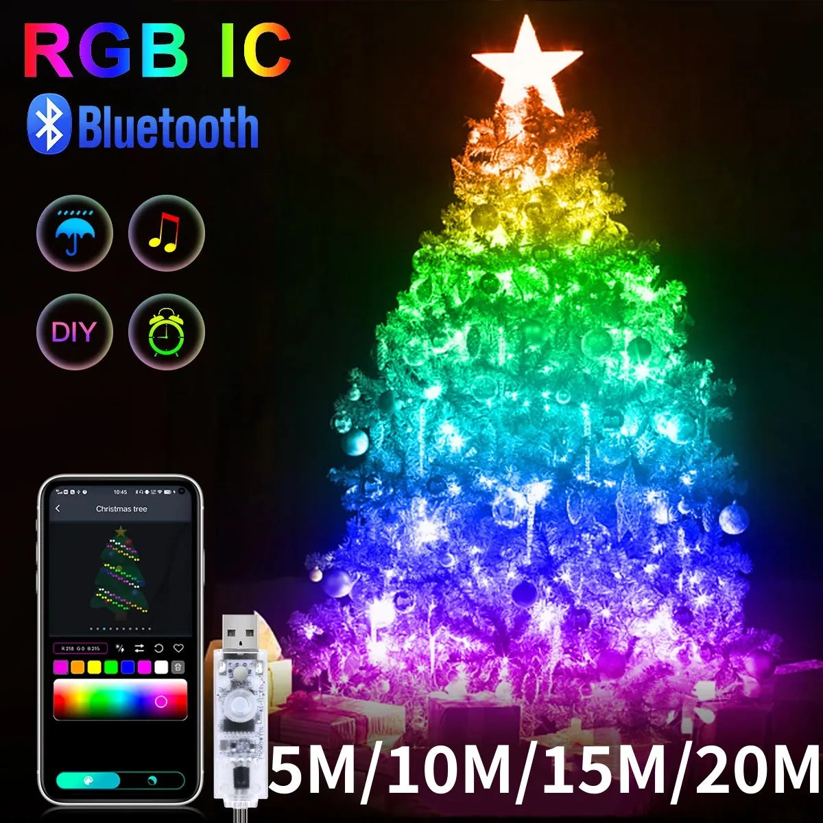 5M/10M/15M/20M RGBIC USB Sting Light Bluetooth APP DIY LED Fairy Lights Garland Decoration for Christmas Wedding Birthday Party